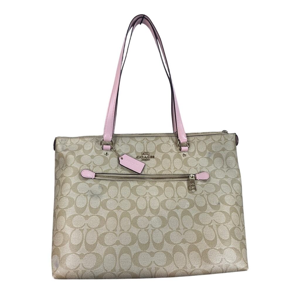 Coach Gallery Tote Signature Canvas Pink Trim Zipper Pocket Top Handle Classic⁠